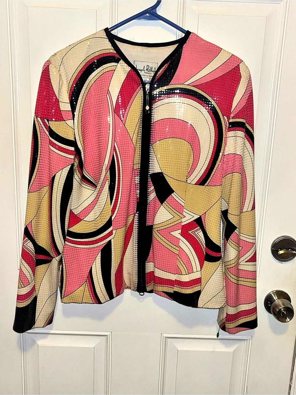 Joseph Ribkoff Sequin Full Zip Jacket Pink Abstract Geometric Swirl Size 8